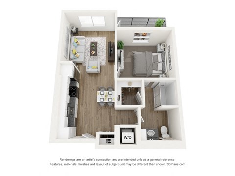 Floor plan for 1 bed, 1 bath, 676 sqft